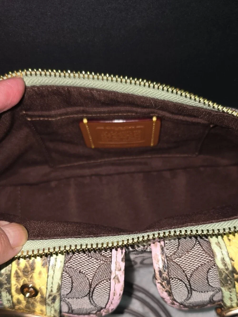 Coach Pink and Brown Signature Shoulder Bag with Snakeskin Trim